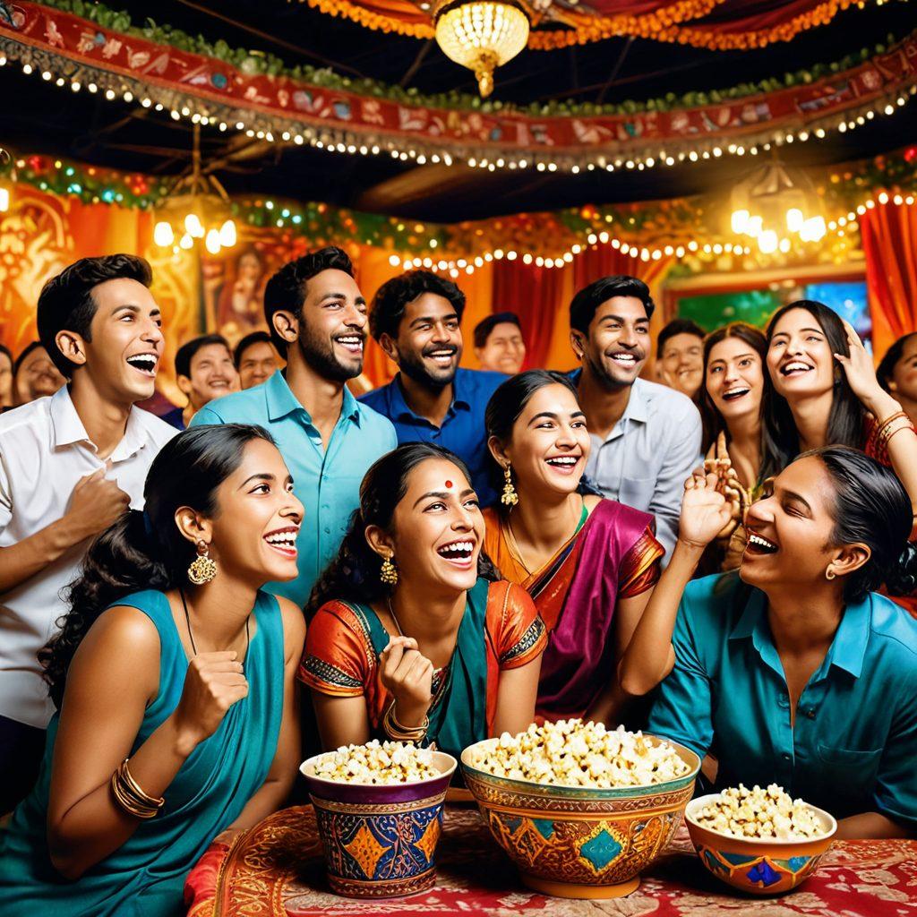A lively scene featuring a diverse group of people laughing together while watching a comedy show, colorful stage lights illuminating the performers, traditional Indian elements like vibrant decorations and folk art visible in the background, pop-corn and chai being served. The expressions of joy and amusement capture the essence of humor and entertainment. vibrant colors. super-realistic.