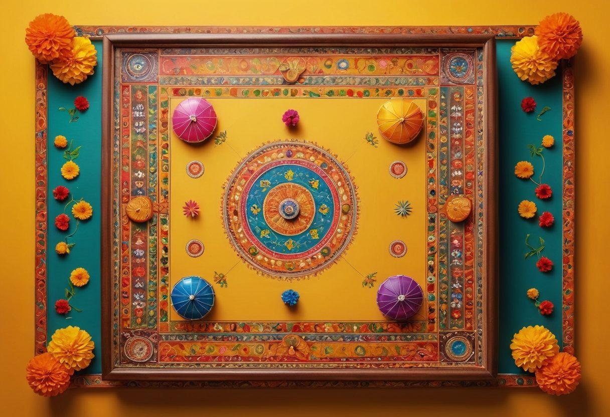 A colorful collage showcasing traditional Indian games such as Ludo and Carrom, intertwined with vibrant quiz elements like question marks and playful characters, all set against a lively background of festive decorations. The atmosphere should radiate joy and excitement, inviting viewers to explore the fun-filled experiences. Illustrate with elements of Indian culture, using bright colors and cheerful designs. super-realistic. vibrant colors. upbeat atmosphere.