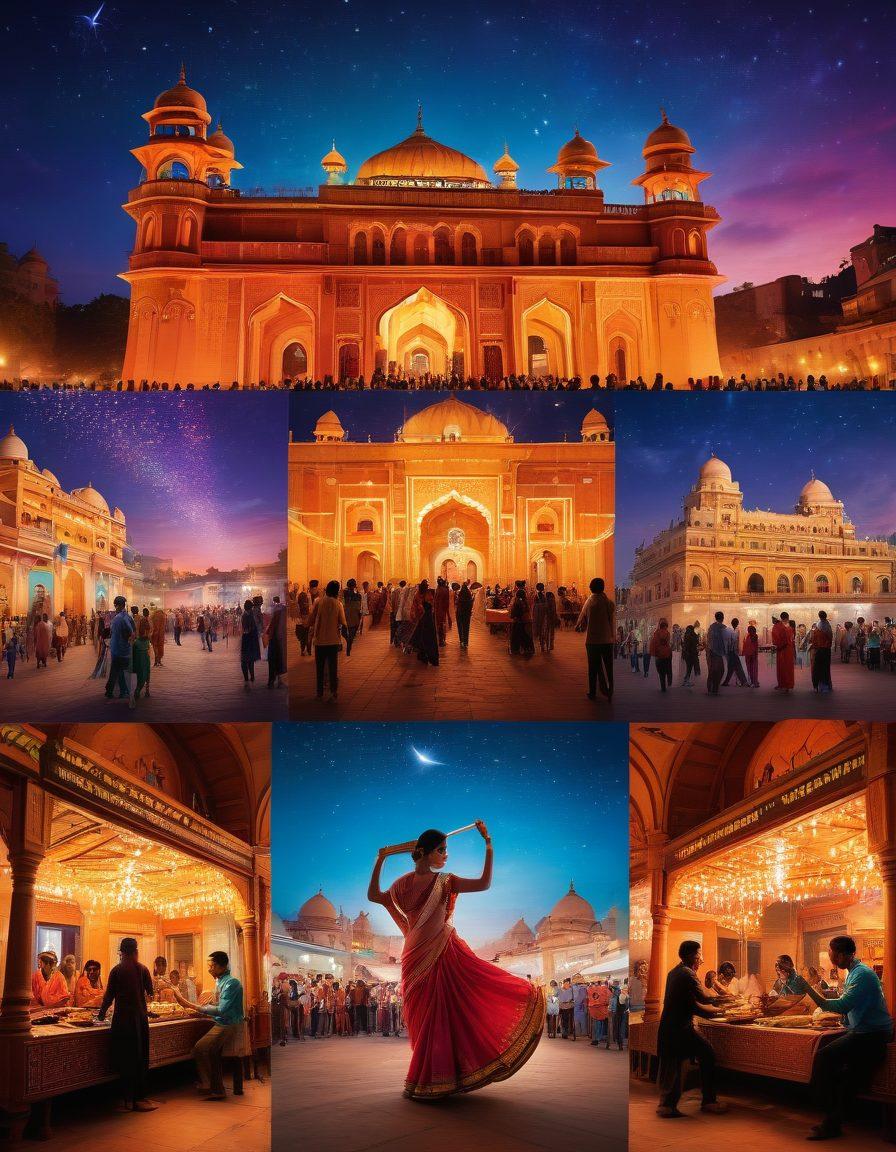 A vibrant collage showcasing various aspects of Desi entertainment, including traditional music instruments, colorful dance poses, popular film posters, and delicious street food. The backdrop should feature an ancient architecture silhouette under a twilight sky, symbolizing rich culture and heritage. Infuse the image with lively colors and elements of celebration, like confetti and lights. super-realistic. vibrant colors.